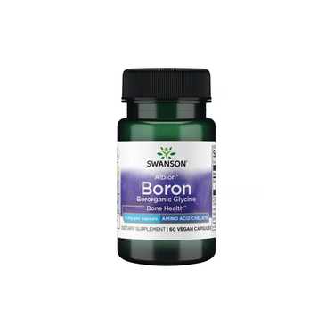Swanson Albion Boron Bororganic Glycine 6 mg comes in a bottle of 60 vegan capsules for bone health, featuring the product label and a green cap.